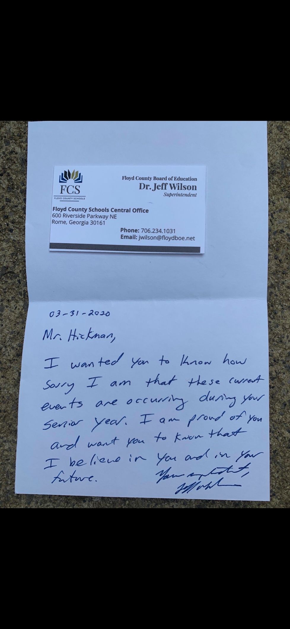 Floyd County School seniors receive handwritten note from superintendent